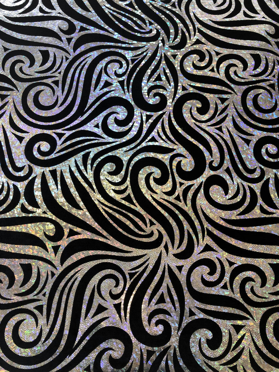 Swirl Hologram Snake Design Foil Polyester Spandex Velvet Fabric - Holo Black, Snake Scale Holographic Design, 58"-60" Width