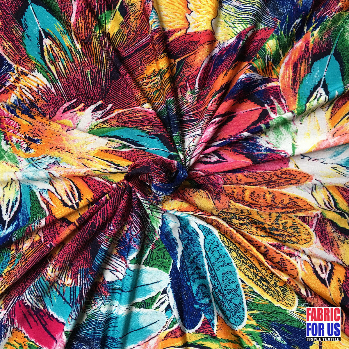 Peacock Feather Scarlet / Multi-Color Stretch Poly-Spandex Print Poly-Spandex Fabric - Peacock Feather Print, Scarlet Multi-Color, 58" Width