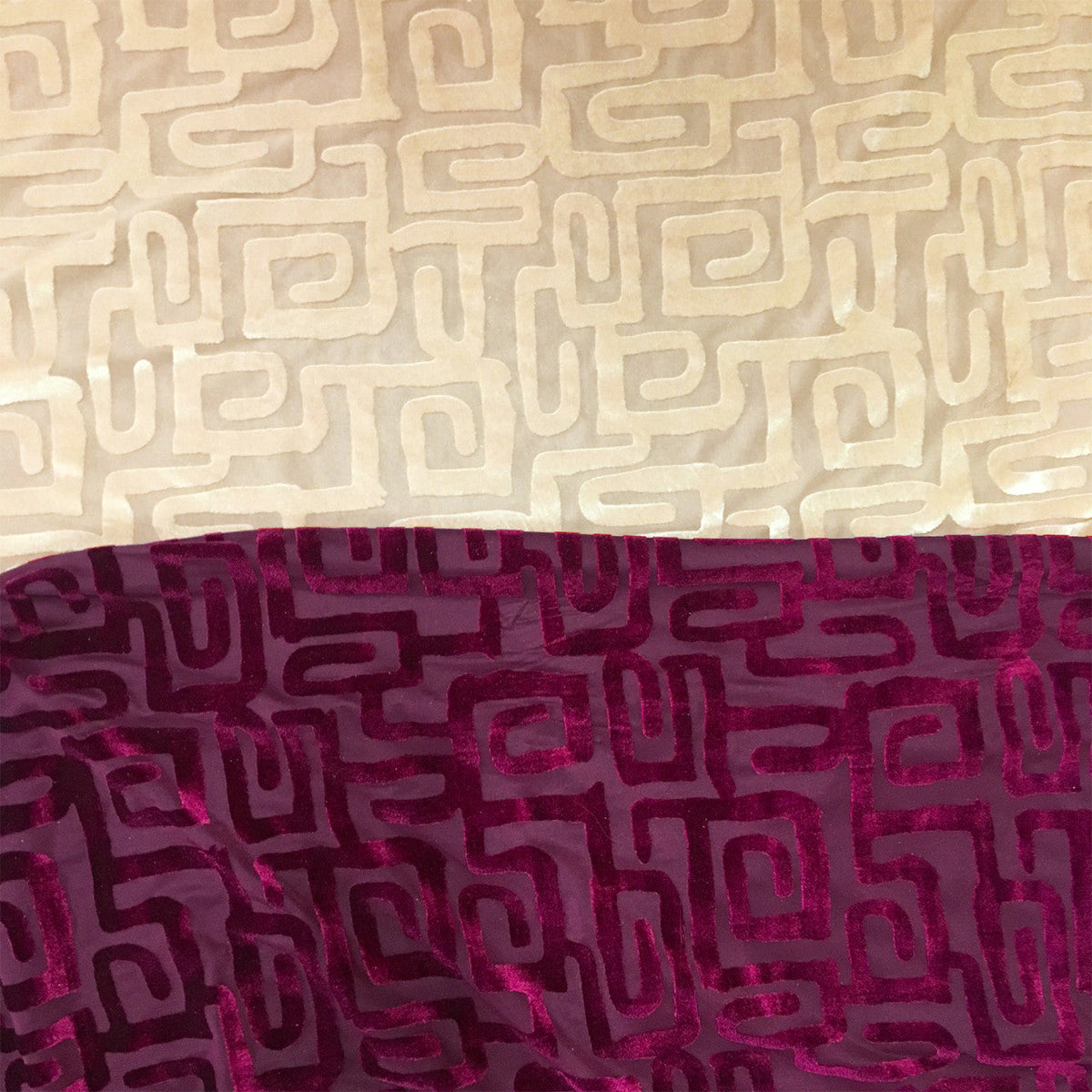 Greek Key Burnout Velvet Pre-Classic Polyester Spandex Fabric - Burgundy/Beige Greek Key Pattern, 58"/60" Width
