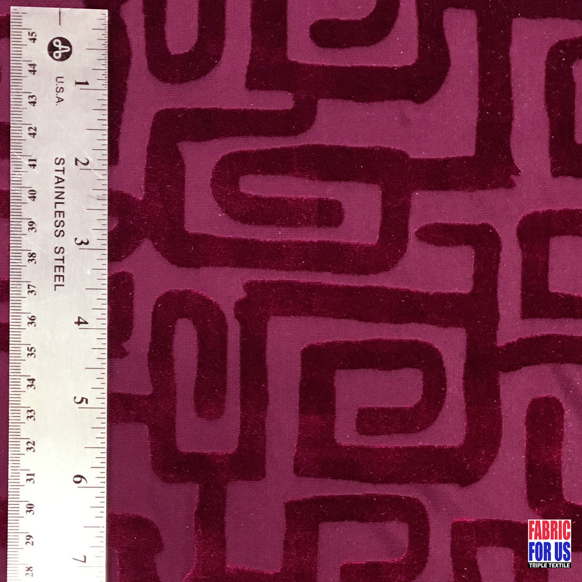 Greek Key Burnout Velvet Pre-Classic Polyester Spandex Fabric - Burgundy/Beige Greek Key Pattern, 58"/60" Width