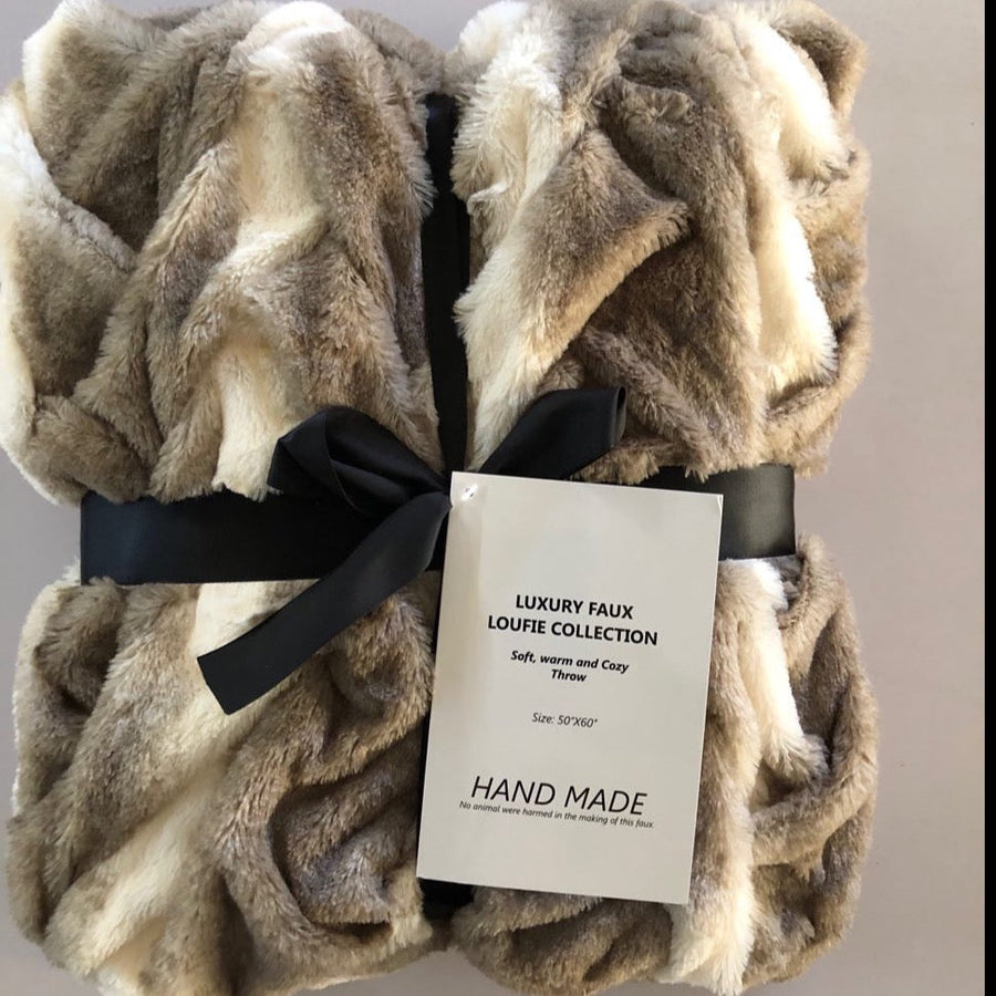 Braided Black White & Mocha Faux Fur Blanket Soft Cozy Throw & Coverlet 50x60 inches