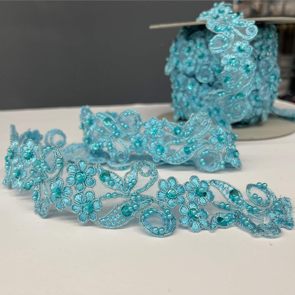 1 Yard Beaded & Corded Lace Trimming Embroidered on 100% Polyester Organza 1.5" Wide