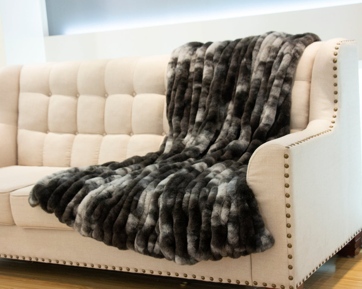 Braided Soft Faux Fur Blanket Fluffy Gray White Comforter & Throw, Queen or Cal King Size