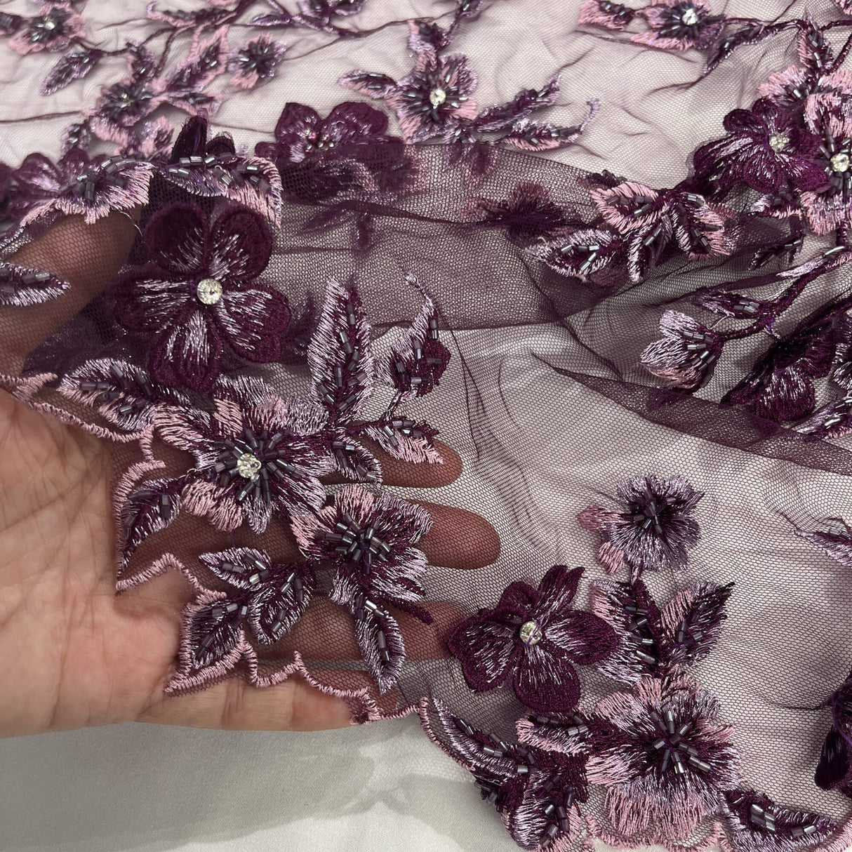 1 Yard 3D Beaded Floral Lace Fabric, Embroidered Mesh with Rhinestones & Scalloped Edges