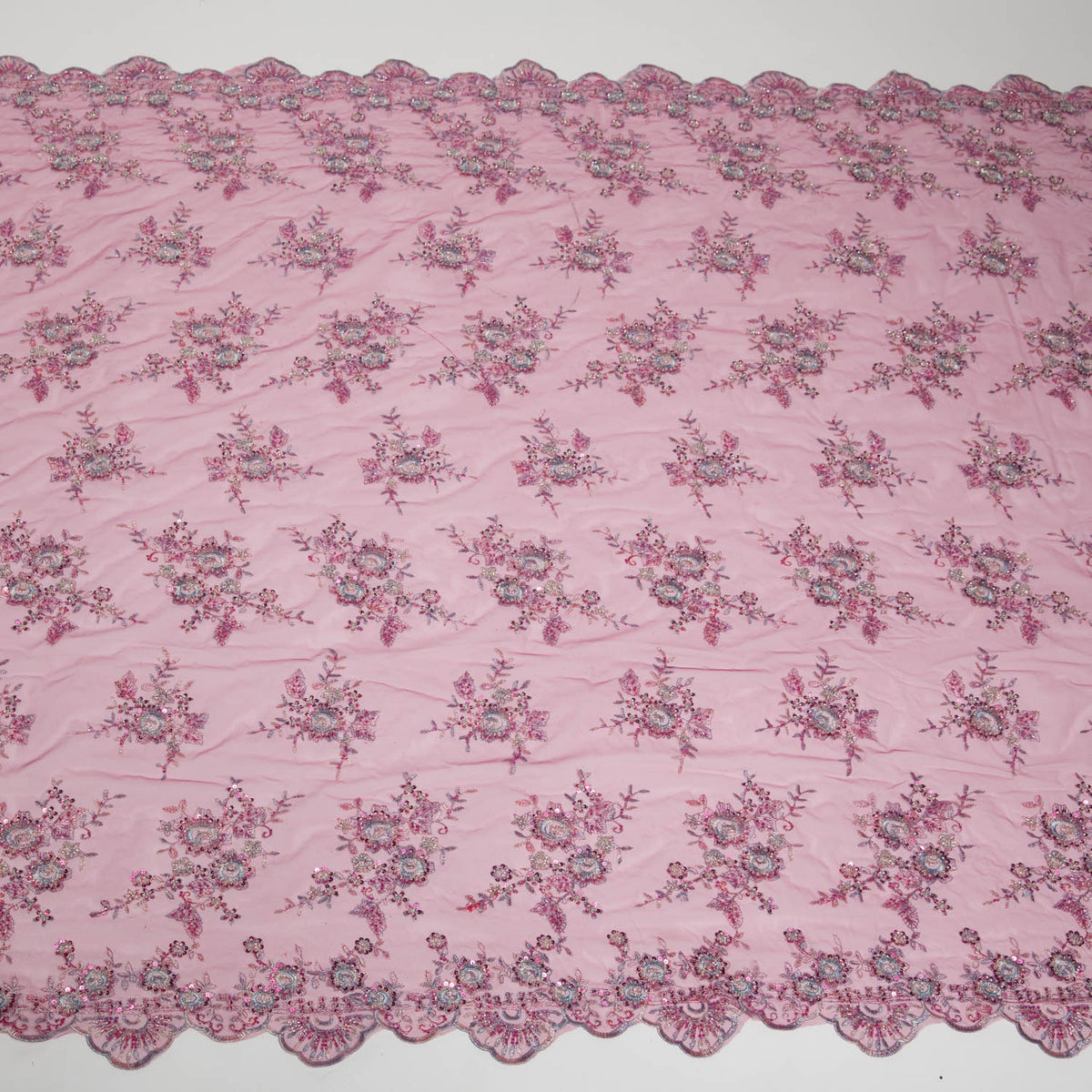 1 Yard Tulle Lace Fabric Embroidered with Beads and Floral Pattern, 52" Wide