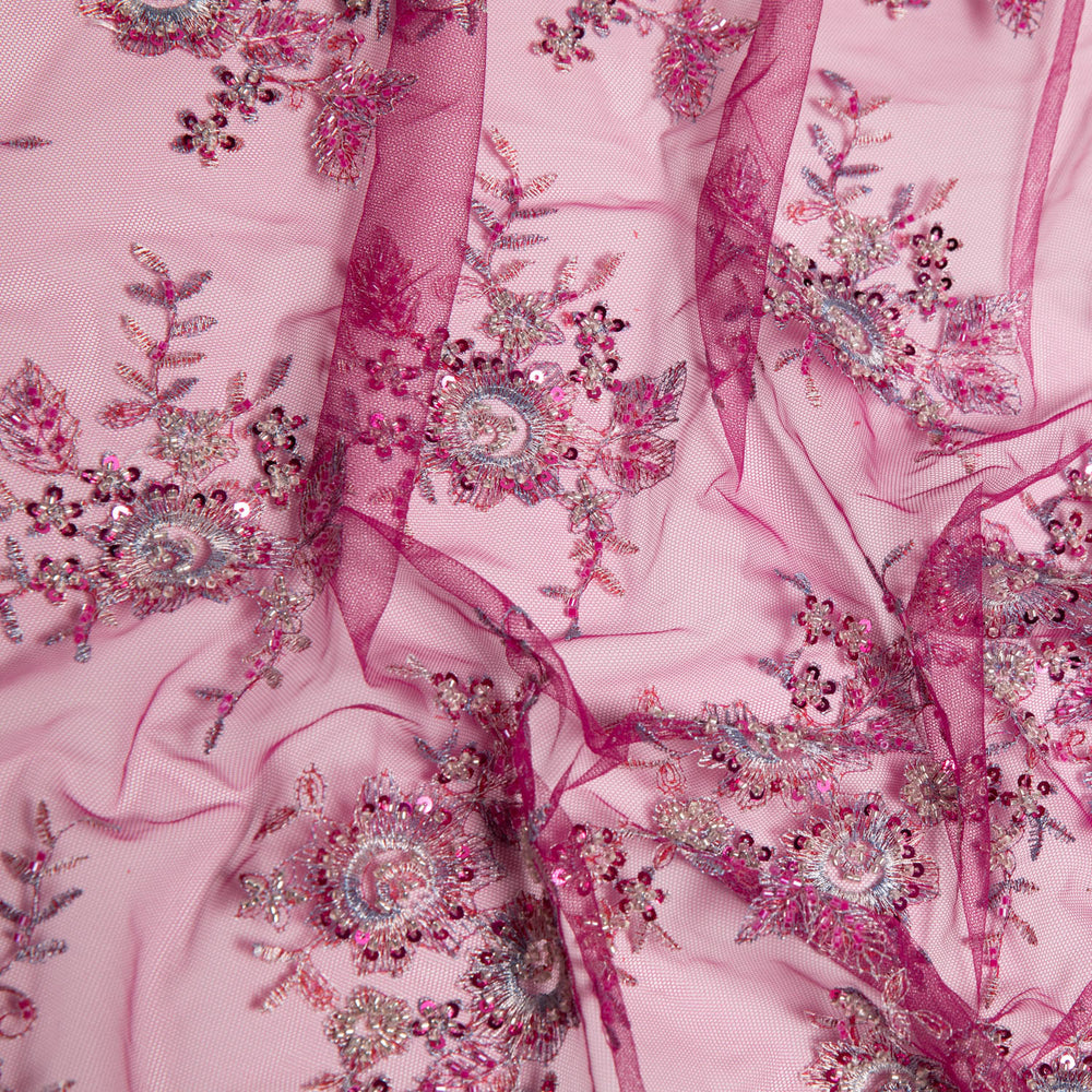 1 Yard 52" Wide Premium Textile Embroidered Tulle Lace Fabric with Beads and Floral Pattern