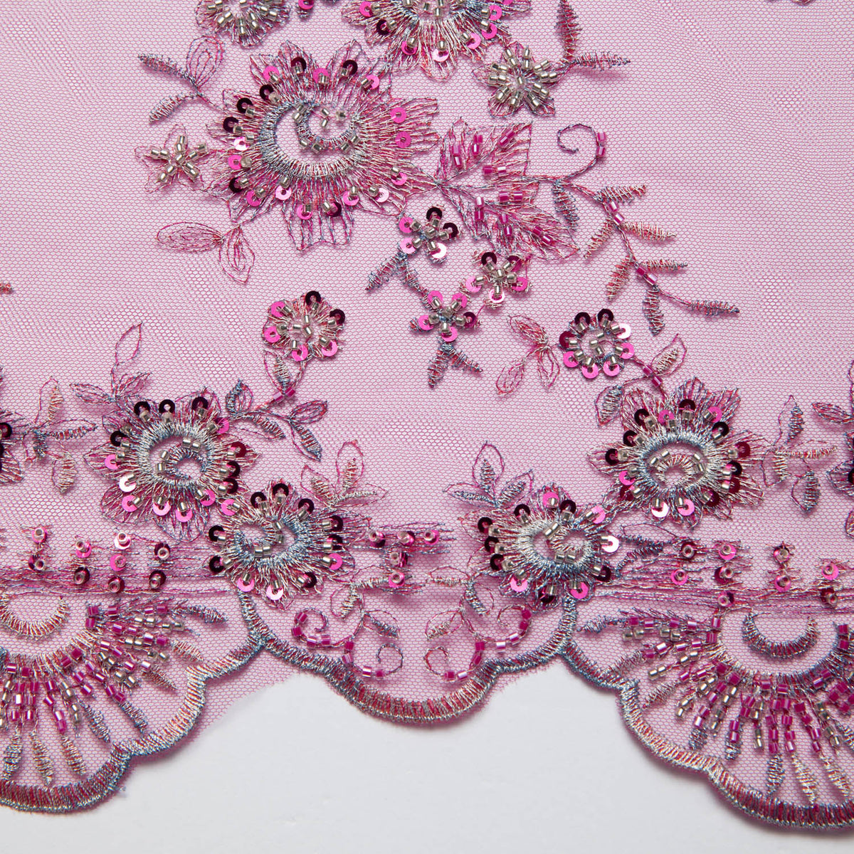 1 Yard Embroidered with Beads and Floral Pattern Tulle Lace Fabric 52" Wide