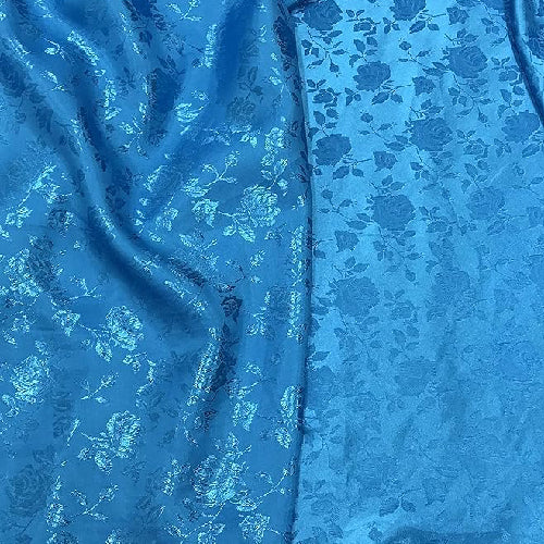 1 Yard Royal Blue Rose Floral Jacquard Satin Fabric, 100% Polyester, 60/59? Width