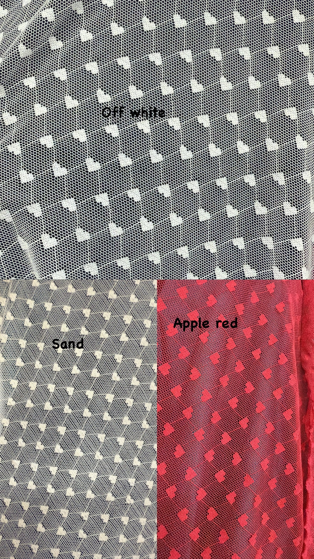 All Over Hearts Nylon Spandex Power Mesh Fabric - Off White, Apple Red, Sand, Hearts Print, 59" Width