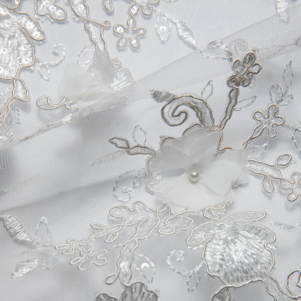 1 Yard Tulle Lace Fabric Embroidered Applique 3D Floral Pattern Delicate Look 52" Wide