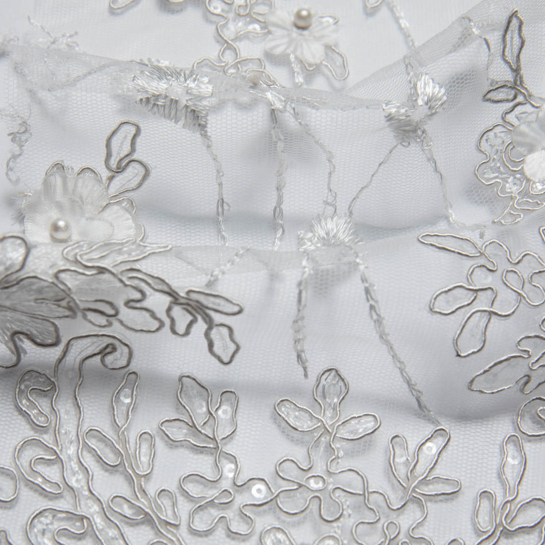 1 Yard 3D Floral Applique Embroidered Tulle Lace Fabric – 52" Wide Premium Textile for Bridal