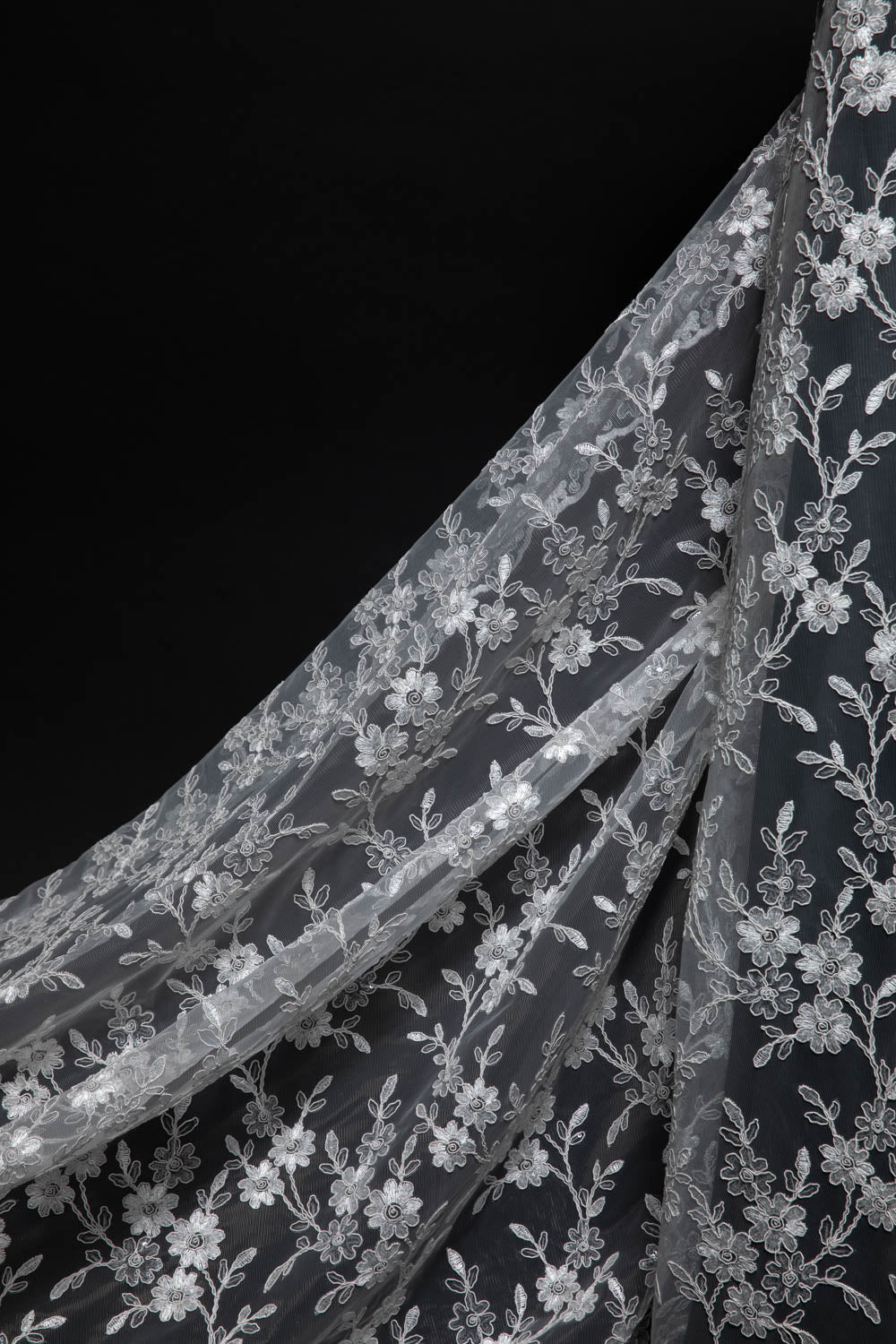 1 Yard Tulle Lace Fabric Embroidered W/Applique with Beautiful 3D Floral Pattern, 52" Wide
