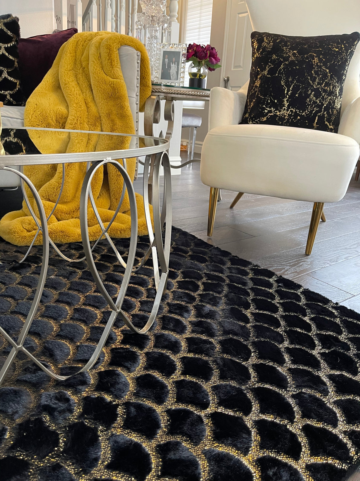 Enchanting Black Mermaid Half Moon Rug with Shimmery Golden Metallic Faux Fur Chinchilla Touch