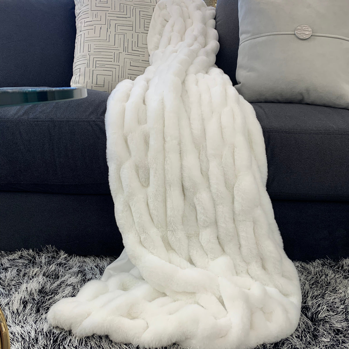 Braided Soft Faux Fur Blanket Fluffy Gray White Comforter & Throw, Queen or Cal King Size