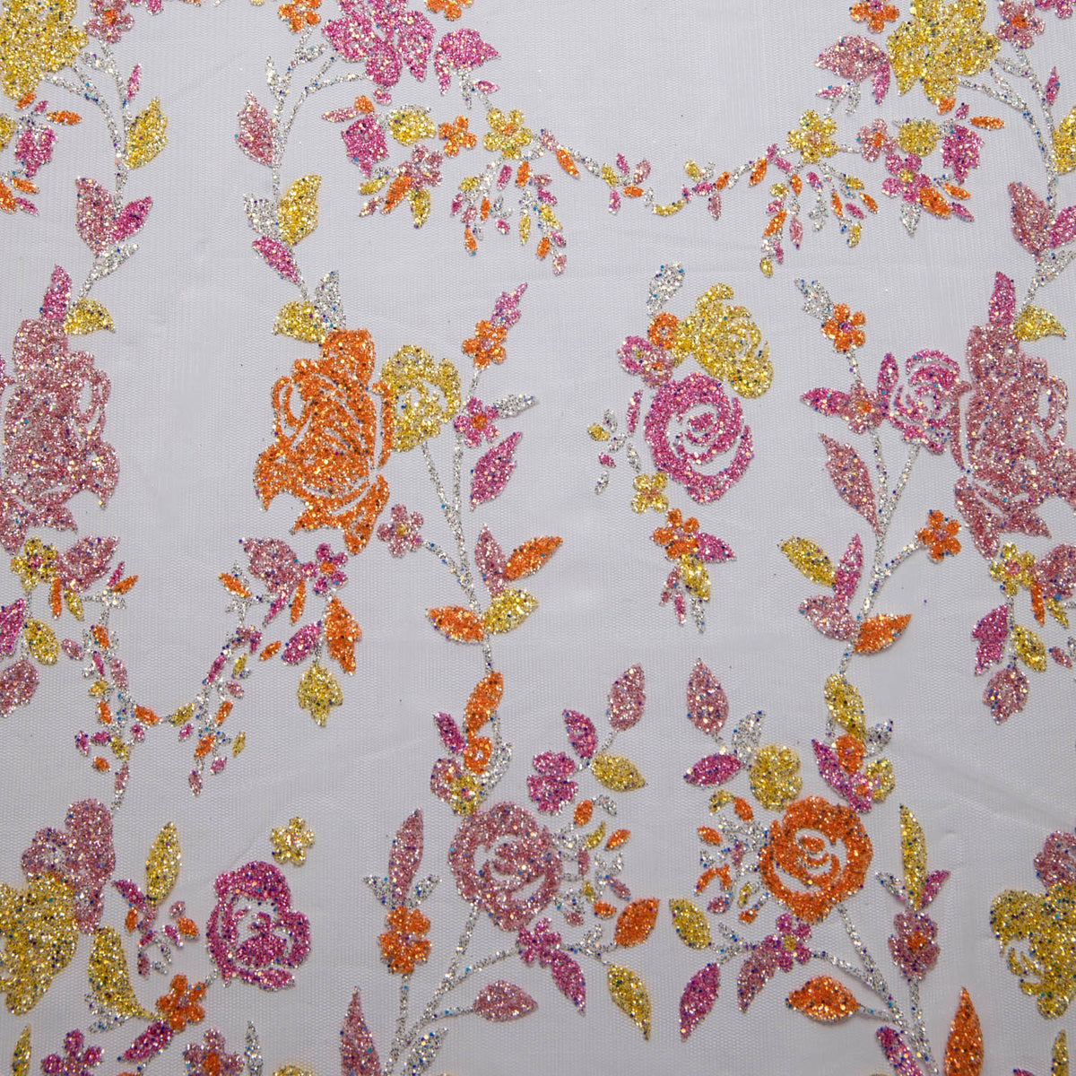 1 Yard Tulle Lace Fabric with Multicolor Glitter Floral Design, 58" Wide