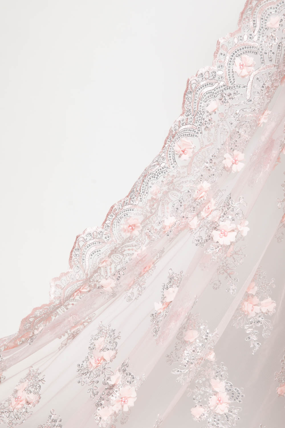 1 Yard Tulle Lace Fabric with 3D Embroidered Applique Design, 52" Wide