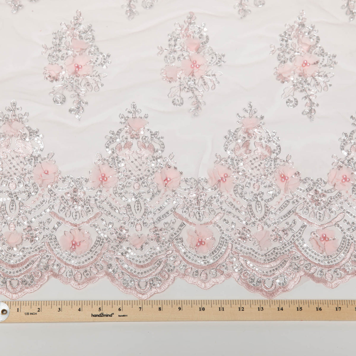 1 Yard Tulle Lace Fabric with 3D Embroidered Applique Design, 52" Wide
