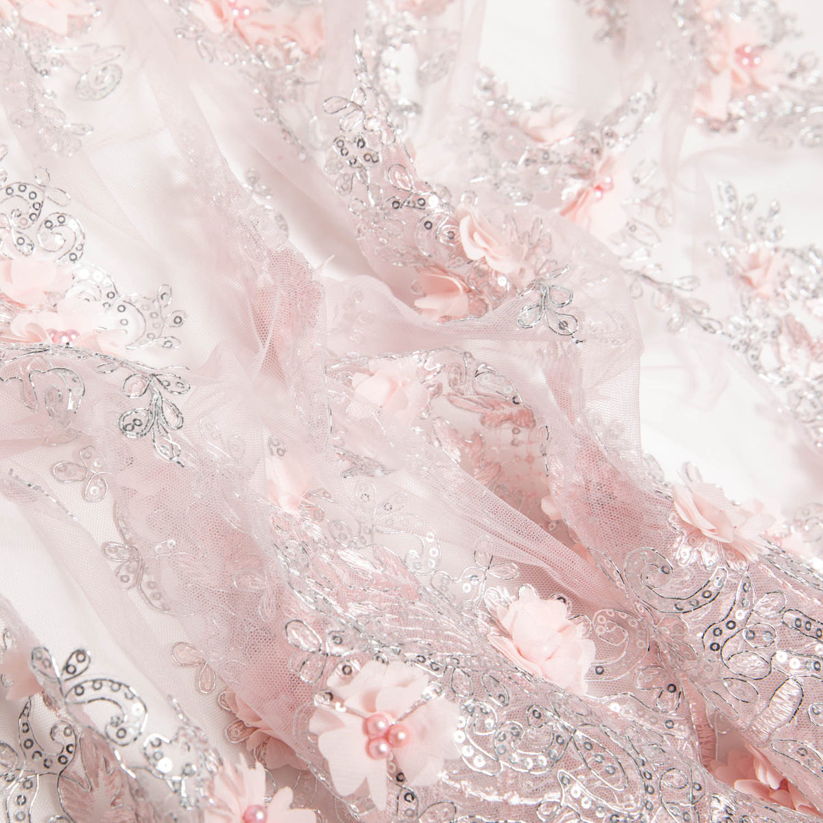 1 Yard Tulle Lace Fabric with 3D Embroidered Applique Design, 52" Wide