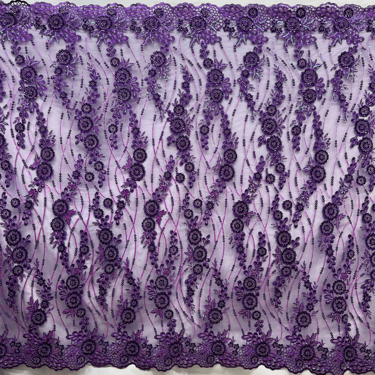 1 Yard Glamorous Rust Beaded Sequined Floral Lace Fabric on Net Mesh 53 inch Width