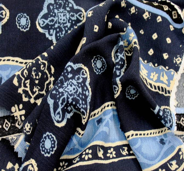 1 Yard Navy/Ivory Rayon Crinkle Fabric 52/54" Wide Lightweight Apparel Material