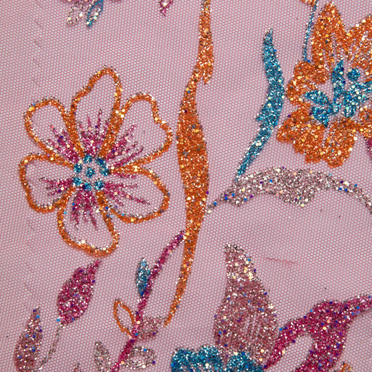 1 Yard Tulle Lace Fabric with Multicolor Glitter and Floral Pattern, 58" Wide