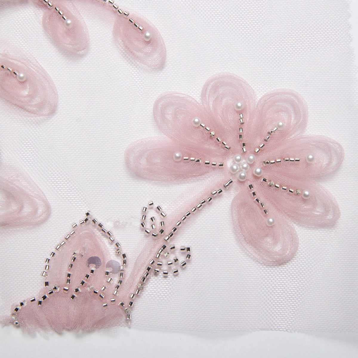 1 Yard Tulle Lace Fabric Embroidered with Ribbon and Floral Design, 52" Wide