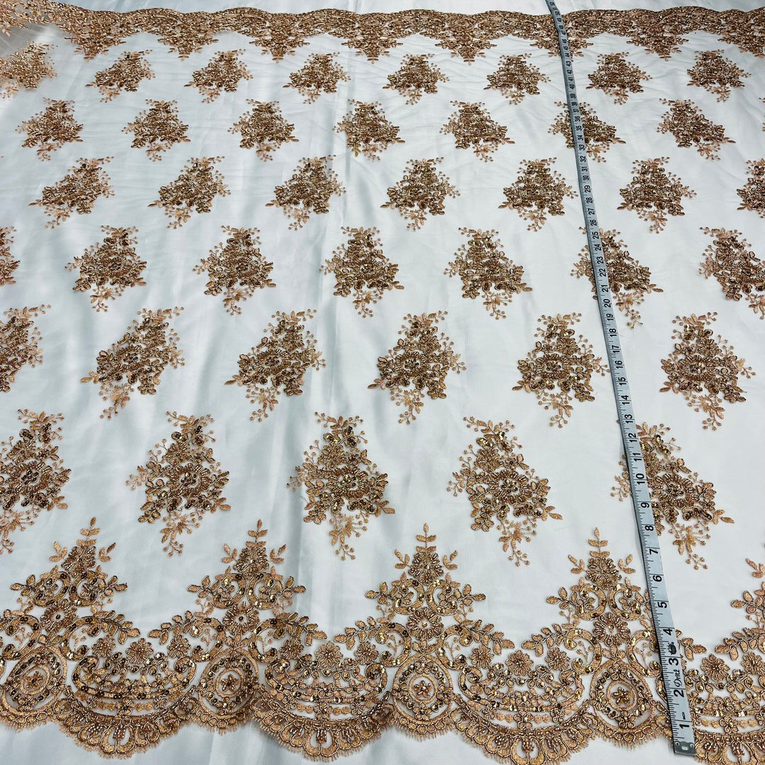 1 Yard Beaded & Corded Lace Fabric on 100% Polyester Net Mesh, Elegant Embroidered Lace Material