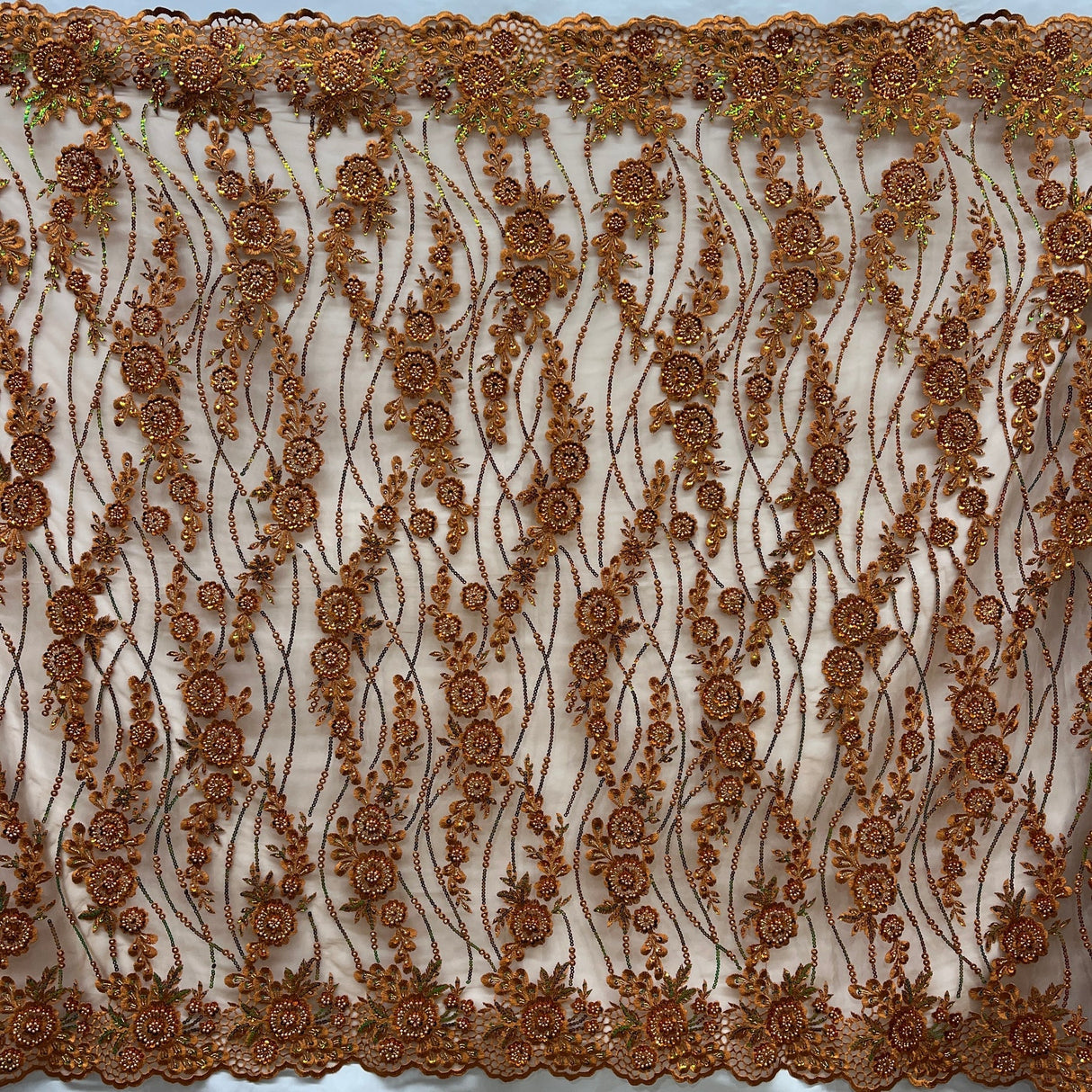 1 Yard Glamorous Rust Beaded Sequined Floral Lace Fabric on Net Mesh 53 inch Width