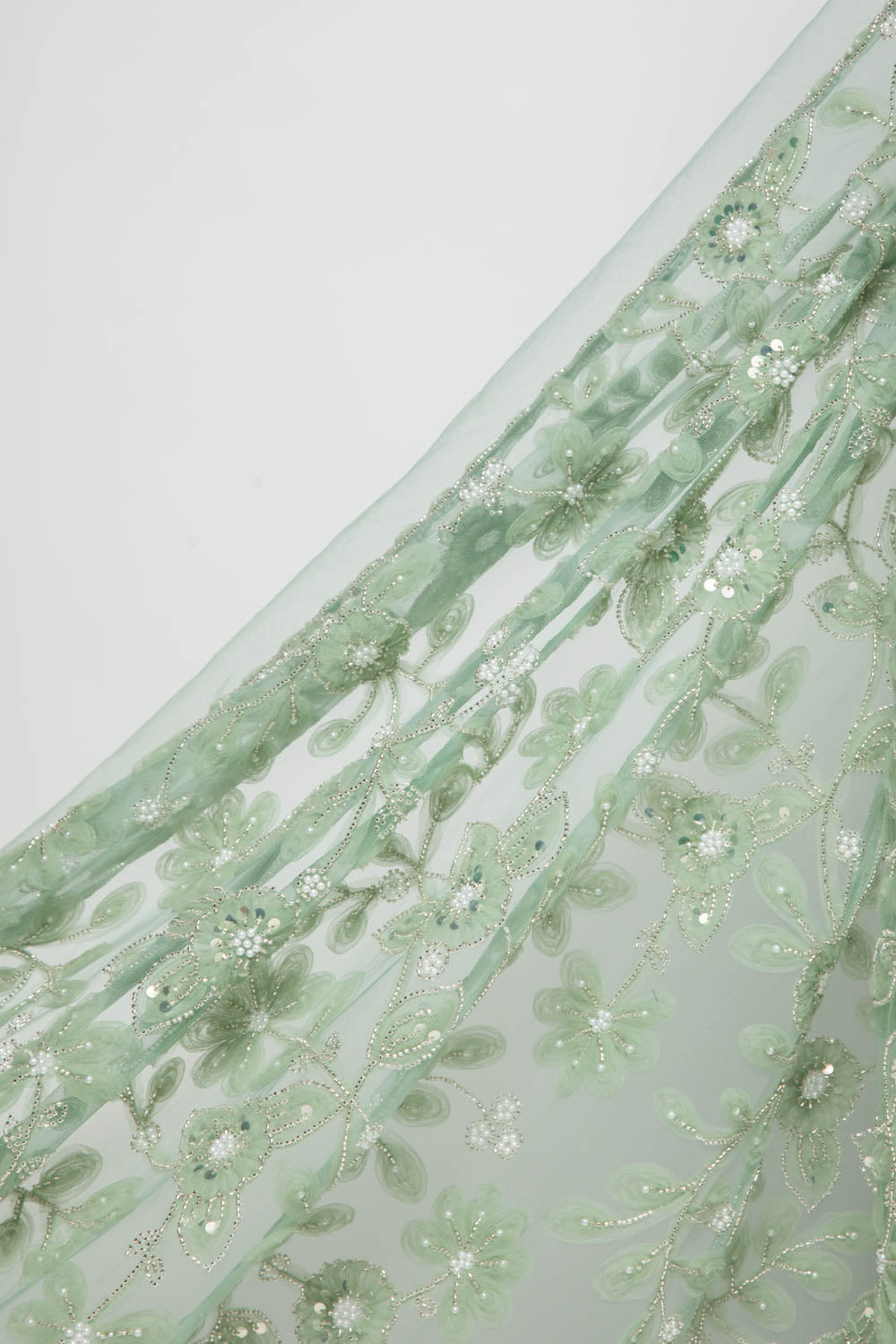 1 Yard Ribbon and Floral Pattern Embroidered Tulle Lace Fabric 52" Wide Designer Textile