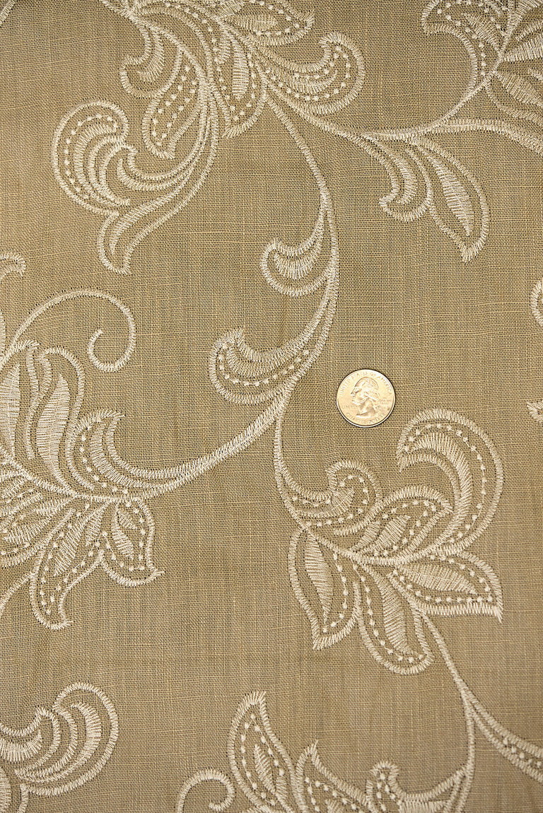 1 Yard Natural Ivory Pure Linen Foliage Embroidered Fabric Midweight Woven 54 Inch Width