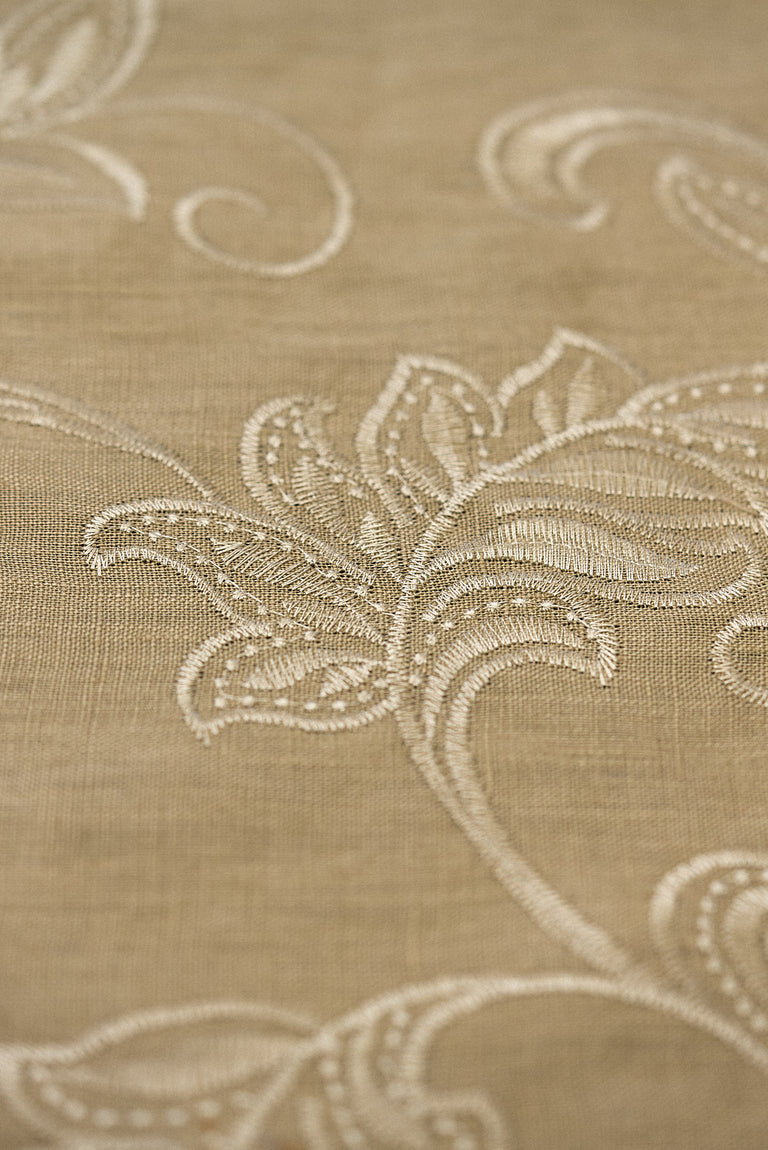 1 Yard Natural Ivory Pure Linen Foliage Embroidered Fabric Midweight Woven 54 Inch Width