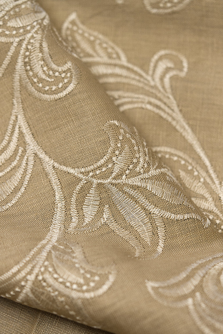 1 Yard Natural Ivory Pure Linen Foliage Embroidered Fabric Midweight Woven 54 Inch Width