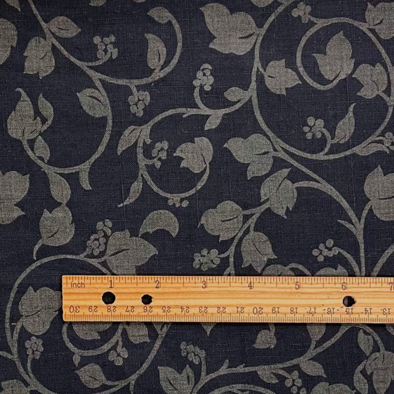 1 Yard Black Pure Linen Vines Puff Print Fabric Midweight Printed 58 Inch Width