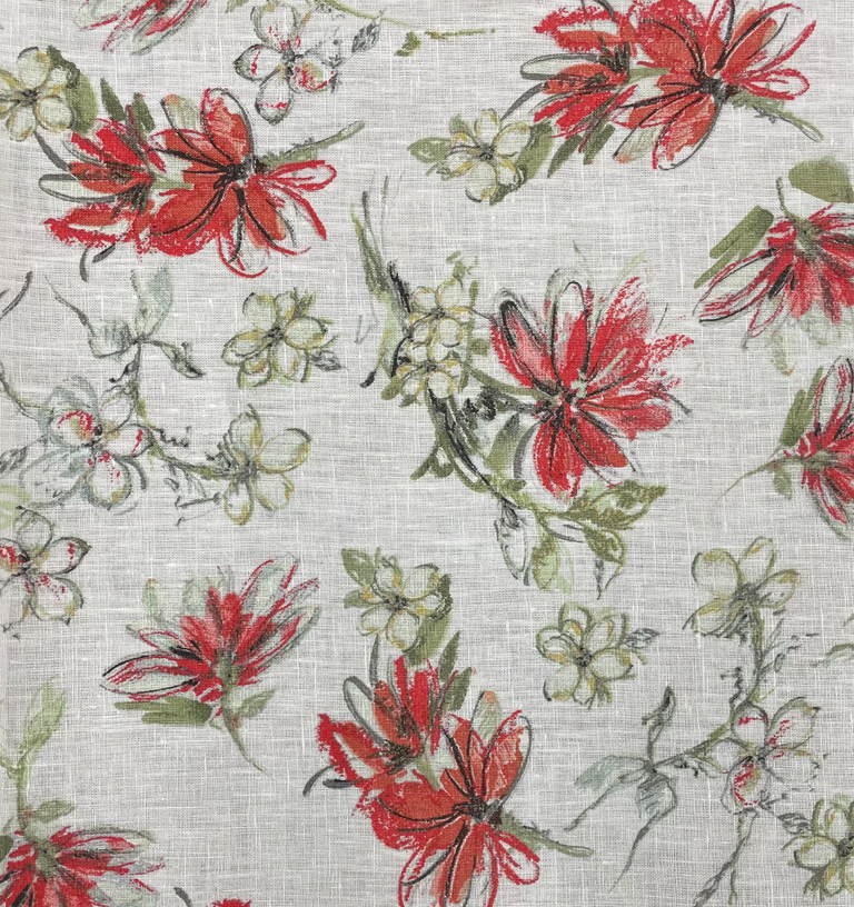 1 Yard Red Artistic Daisy Printed Linen Vibrant Sewing Fabric 58" Width