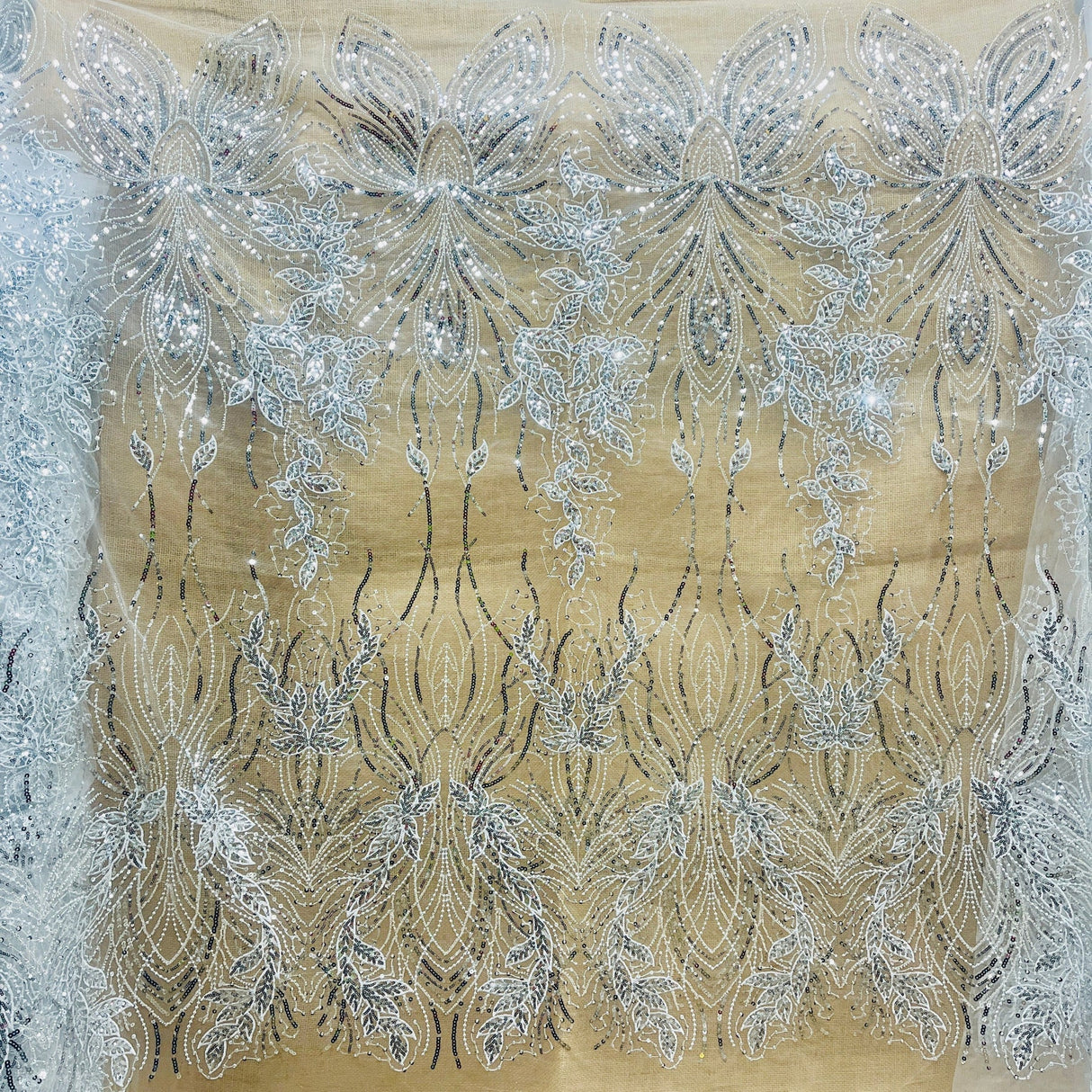 1 Yard Silver Beaded & Sequined Embroidered Lace Fabric on Polyester Mesh, 52" Wide,