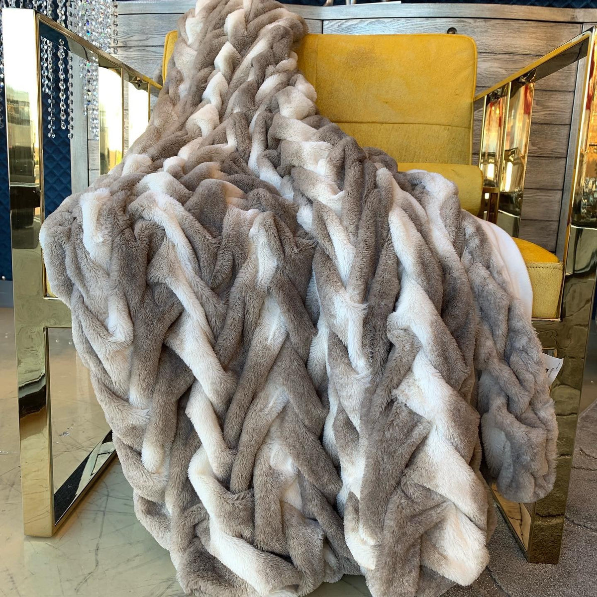 Braided Black and White & Mocha Soft Cozy Faux Fur Blanket/Quilt