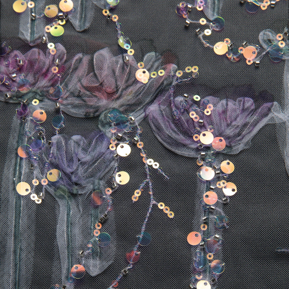 1 Yard Ribbon Tulle Lace Fabric with Sequins and Soft Floral Design, 52" Wide