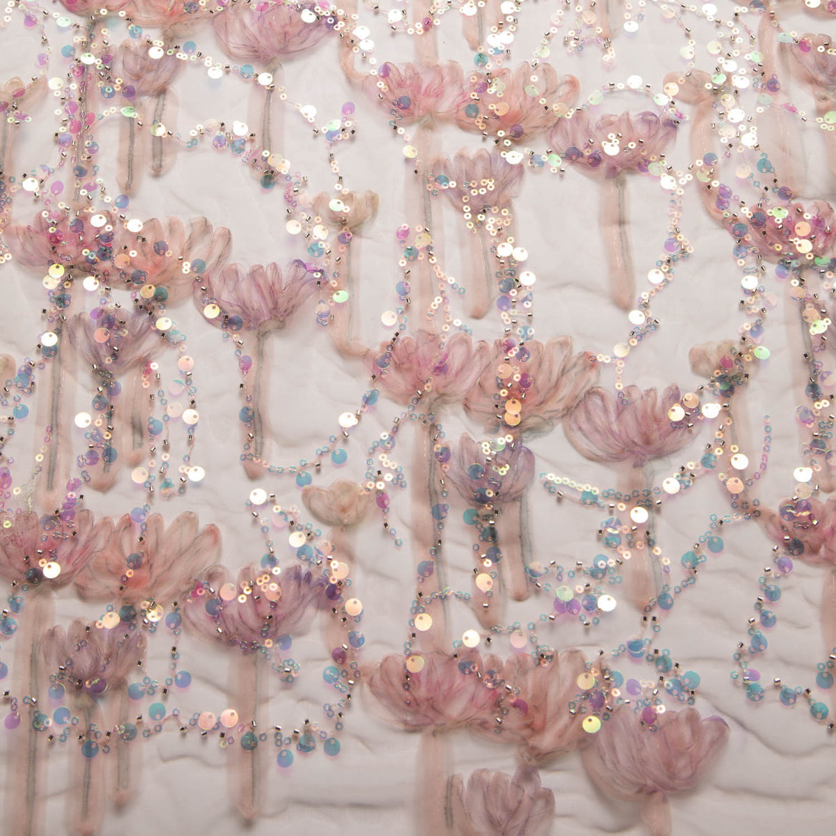 1 Yard Ribbon Tulle Lace Fabric with Sequins and Soft Floral Design, 52" Wide