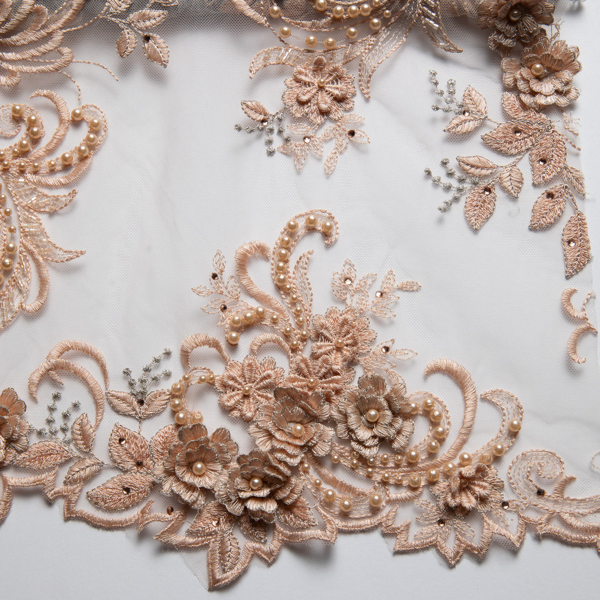 1 Yard Tulle Lace Fabric Embroidered with Applique & Beads with 3D Floral Pattern 100% Polyester 50/52" Wide