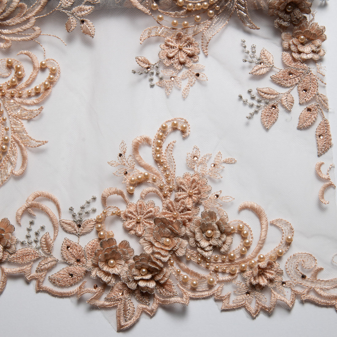 1 Yard 3D Floral Appliqué Tulle Lace with Beads Embroidered 50/52" Wide Polyester Fabric