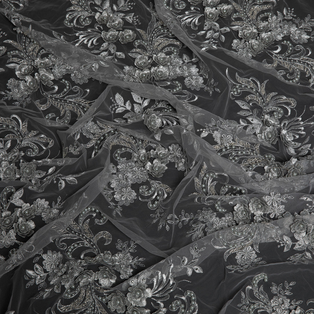 1 Yard 3D Floral Appliqué Tulle Lace with Beads Embroidered 50/52" Wide Polyester Fabric