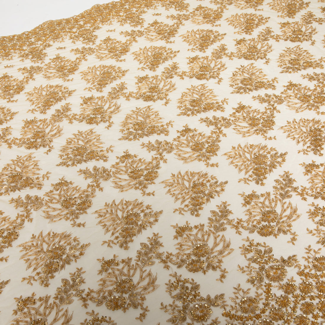 1 Yard Intricate 3D Bead & Appliqué Embroidered Tulle Lace Fabric 100% Polyester, 50/52" Wide