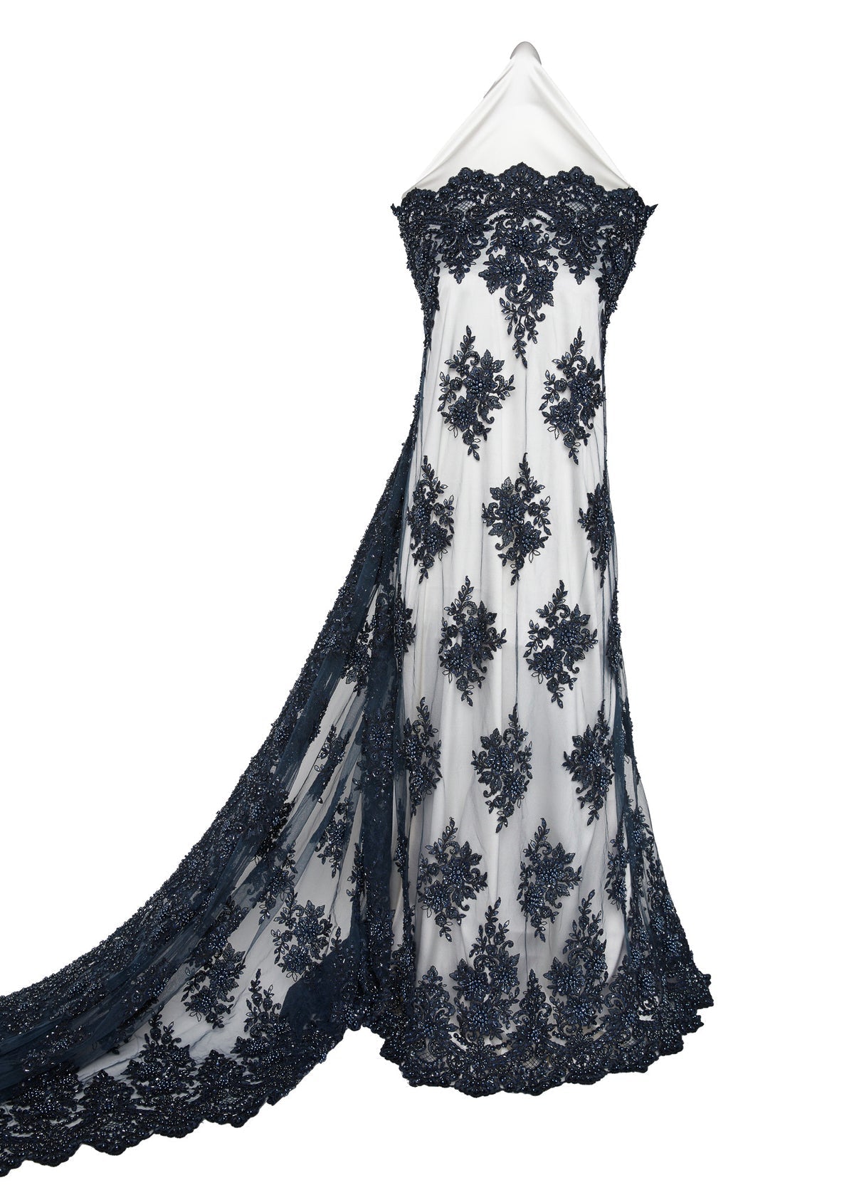 1 Yard Tulle Lace Fabric Embroidered with Beads & Sequins, 100% Polyester, 50/52" Wide