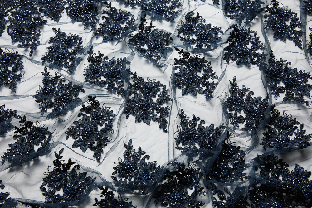 1 Yard 50/52" Wide Tulle Lace Fabric with Beads & Sequins Embroidery Polyester Material