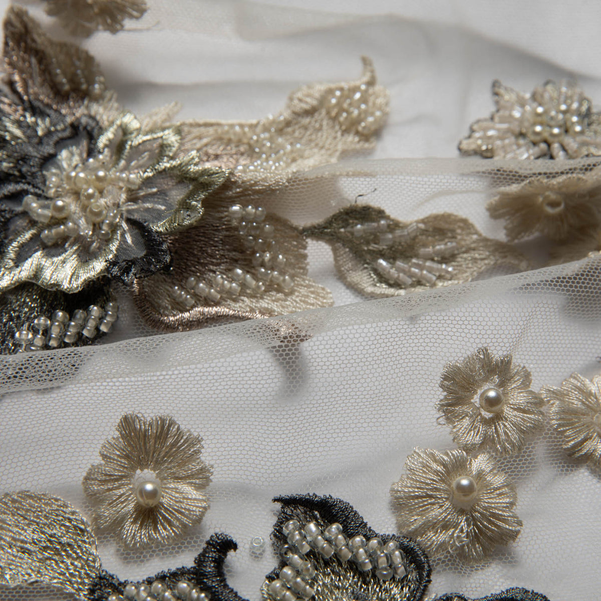 1 Yard Tulle Lace Fabric Embroidered with Applique and Amazing 3D Floral Design, 52" Wide