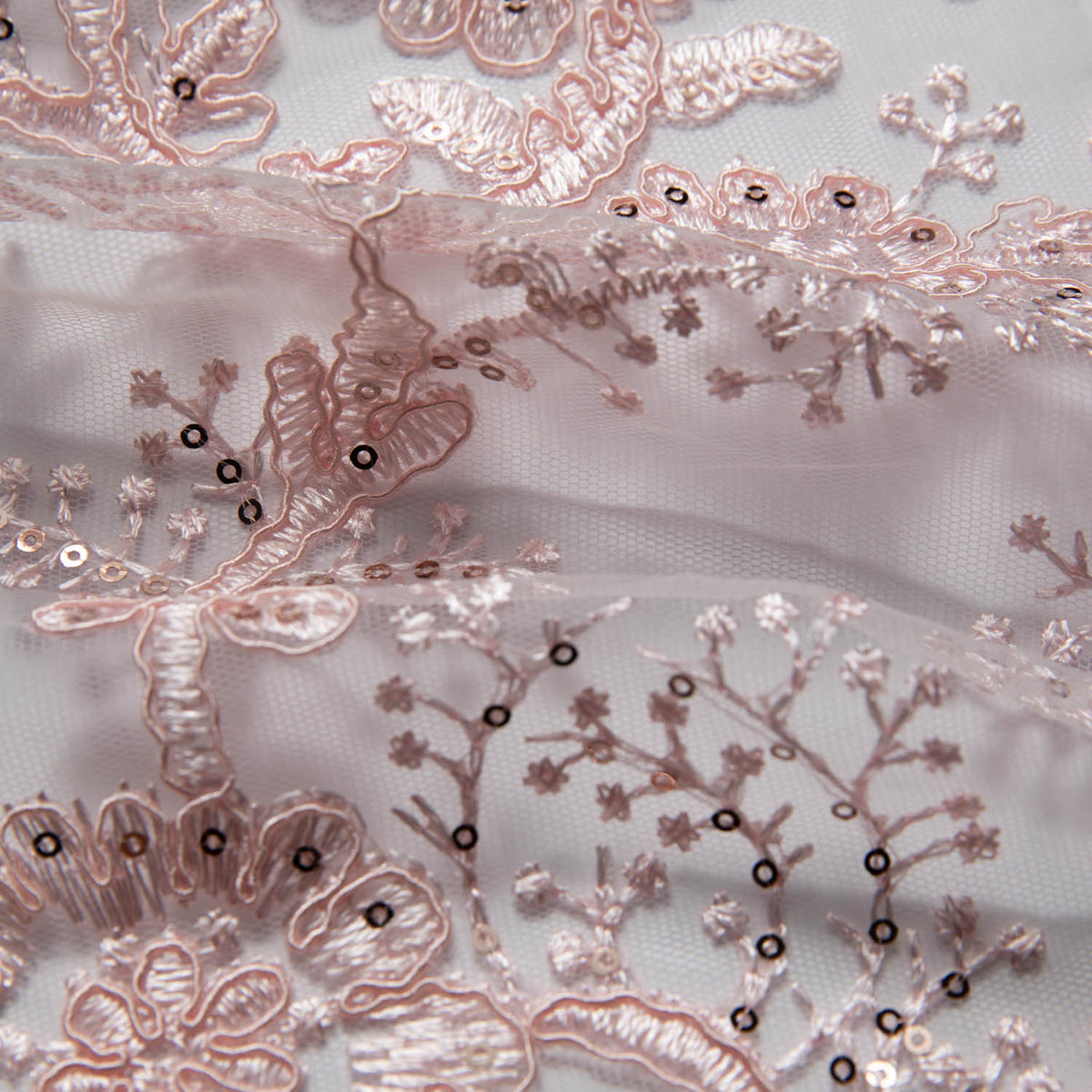 1 Yard Tulle Lace Embroidered Fabric with Cord, Sequins, and Floral Design, 52" Wide