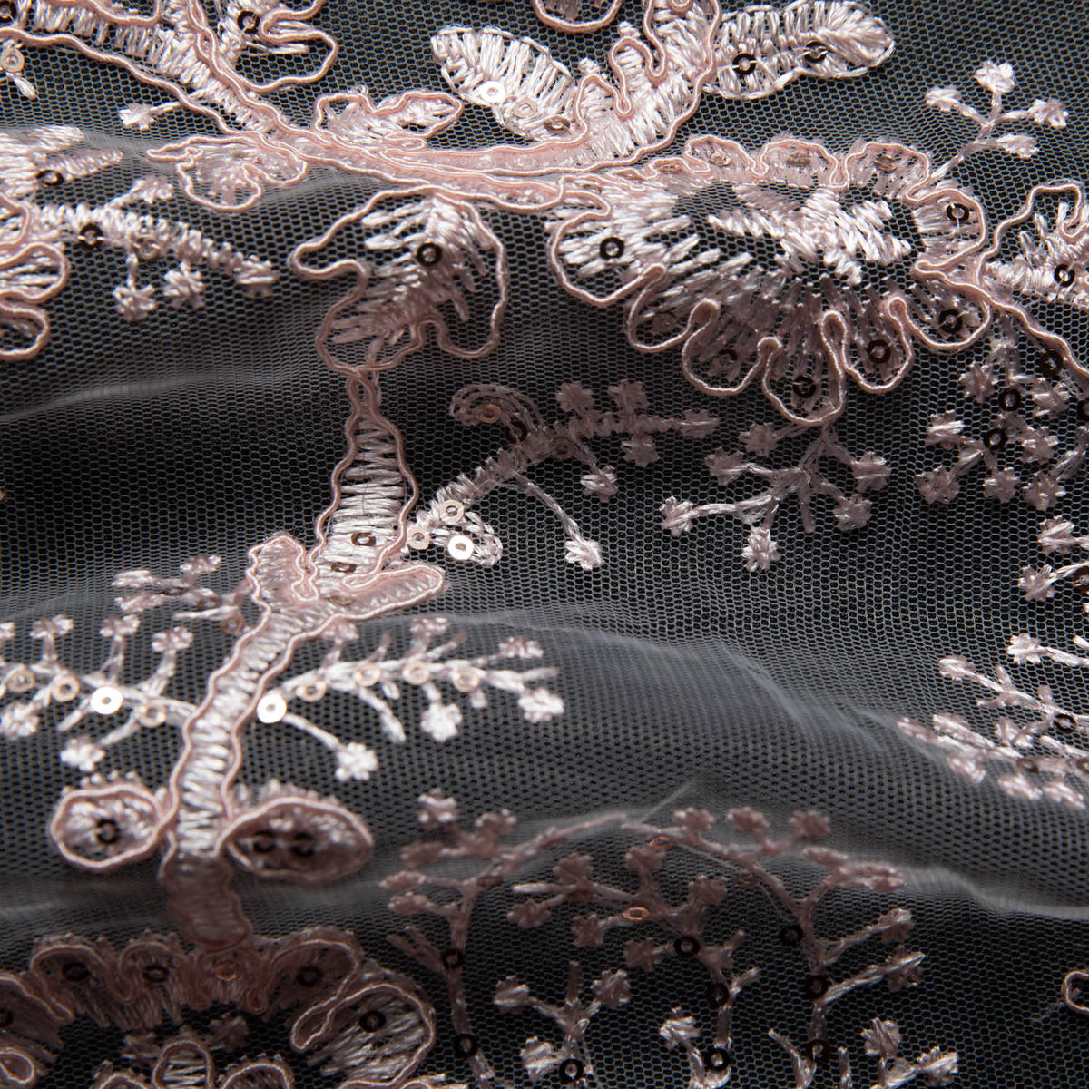 1 Yard Tulle Lace Embroidered Fabric with Cord, Sequins, and Floral Design, 52" Wide