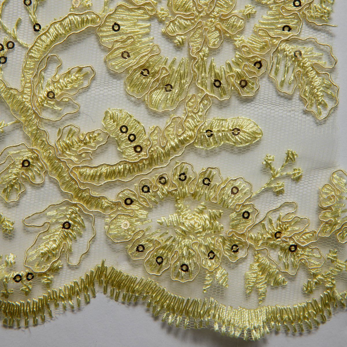 1 Yard Tulle Lace Embroidered Fabric with Cord, Sequins, and Floral Design, 52" Wide