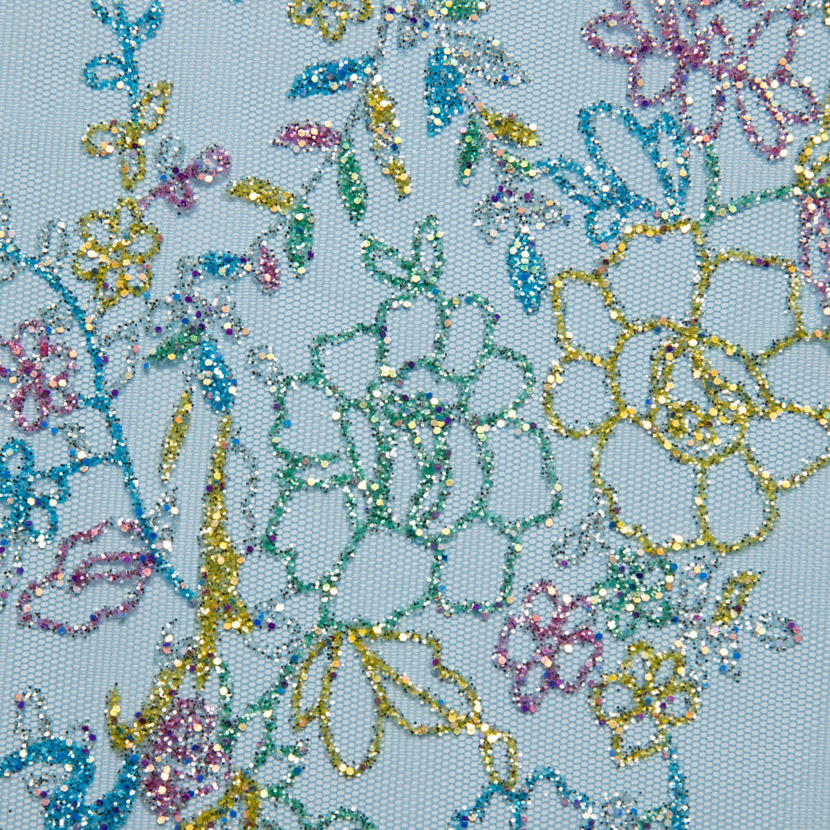 1 Yard Tulle Lace Fabric with Multicolor Glitter and Floral Pattern, 58" Wide