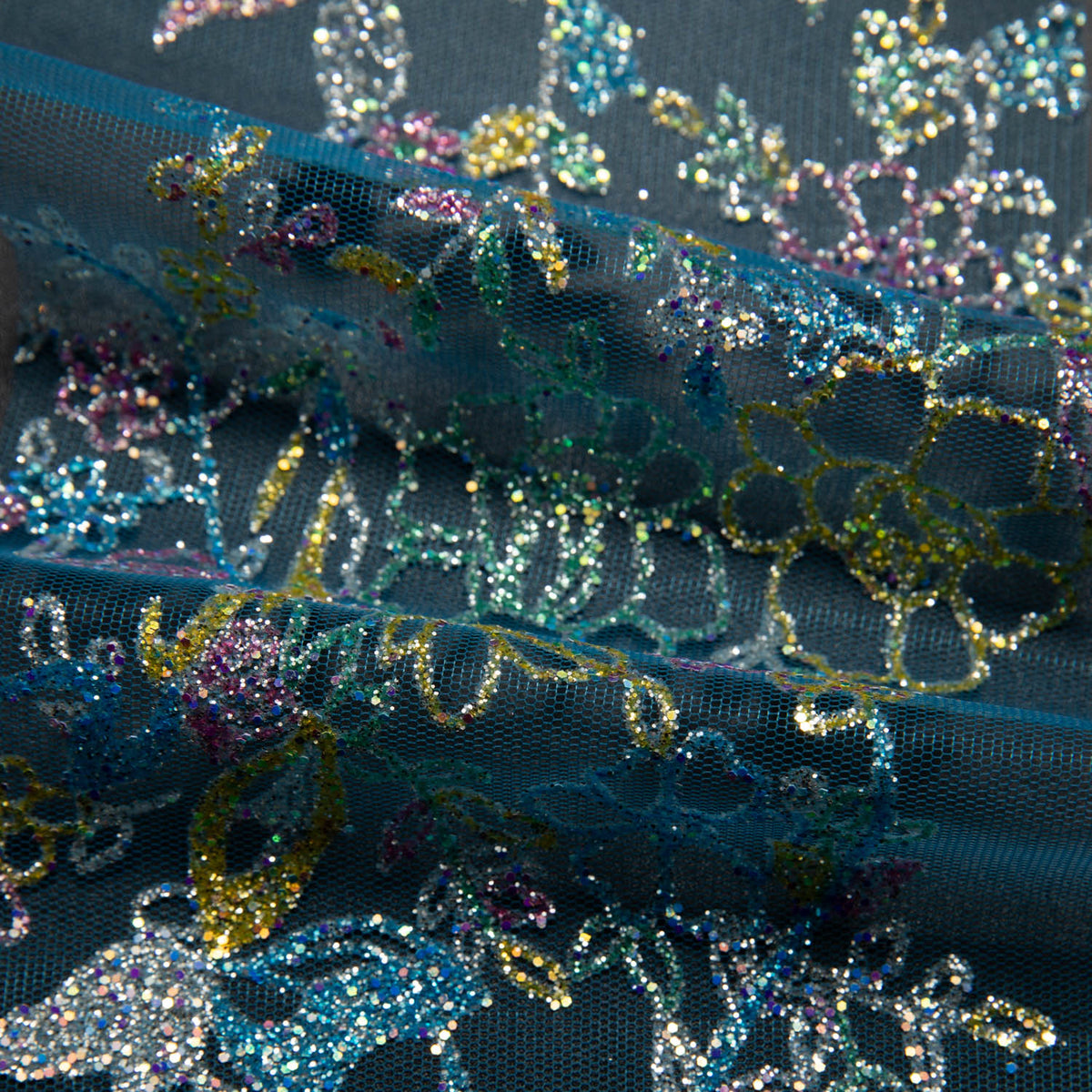 1 Yard Tulle Lace Fabric with Multicolor Glitter and Floral Pattern, 58" Wide